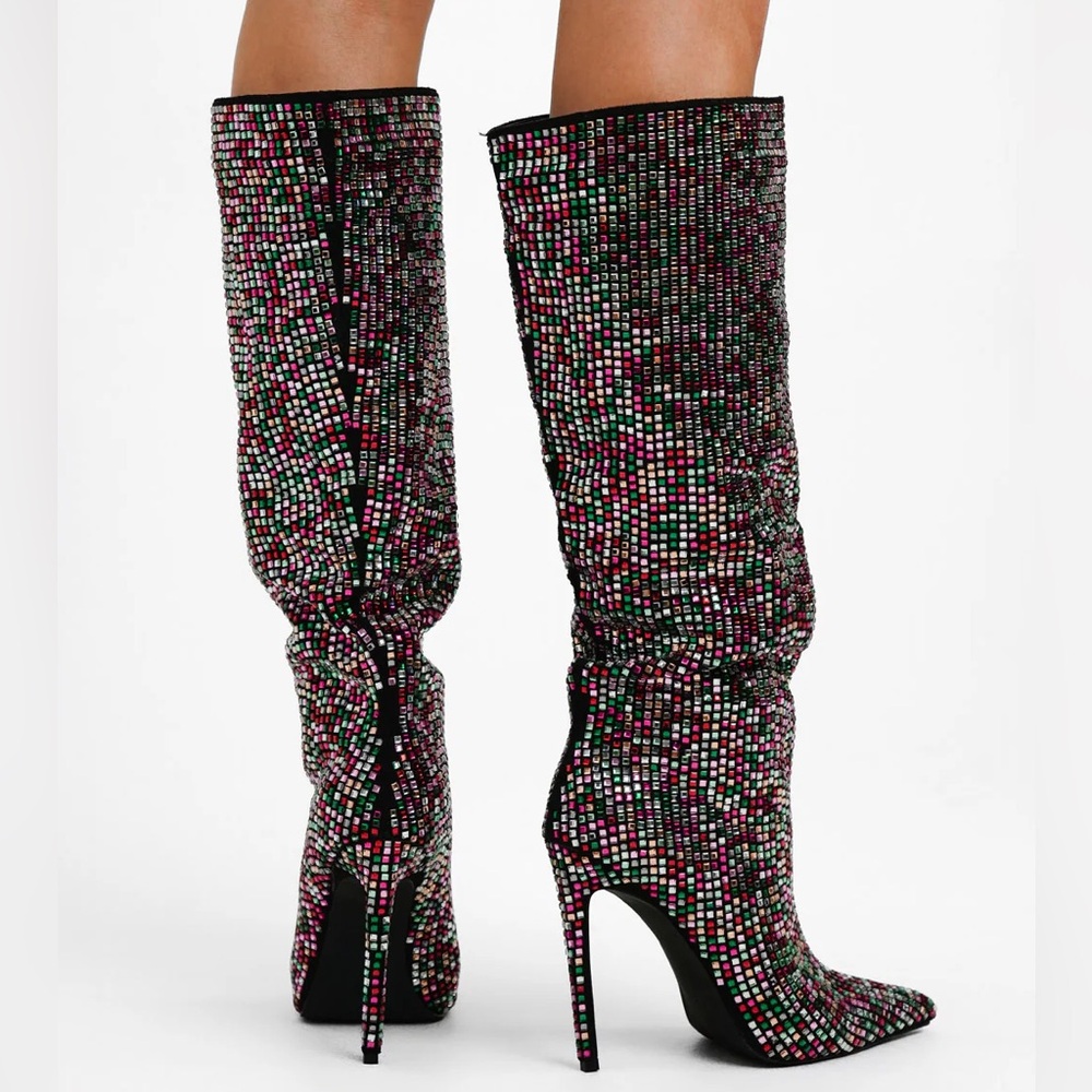 AZALEA WANG MULTI-COLOR RHINESTONE EMBELLISHED KNEE HIGH BOOTS